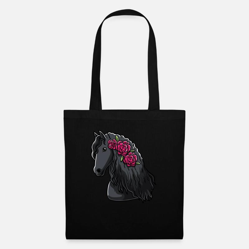 Friesenpferd mit Blumen Pferdefan Geschenk - Stoffbeutel - Schwarz