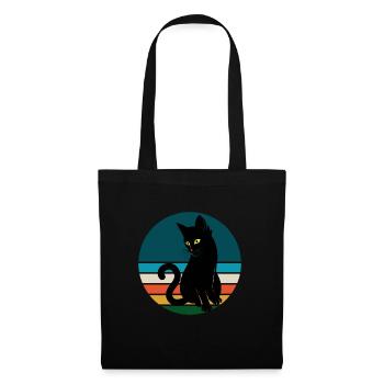 Schwarze Katze sitzen Retro Sonnenuntergang - Stoffbeutel - Schwarz - Vorne