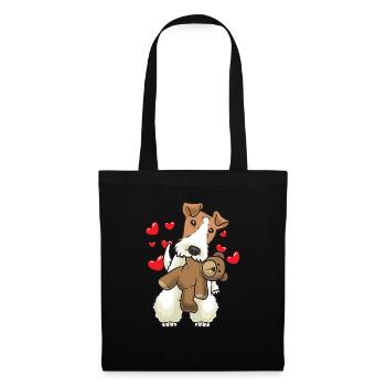 Foxterrier Drahthaar Hund mit Stofftier - Stoffbeutel - Schwarz - Vorne