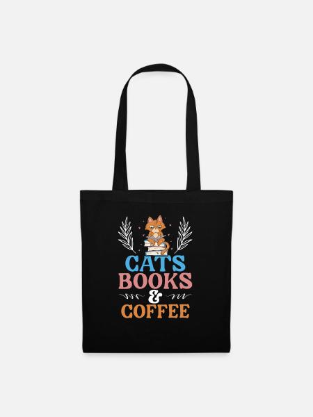 Katzen Bücher und Kaffeetrinker Bookaholic Bücherwurm - Stoffbeutel - Schwarz