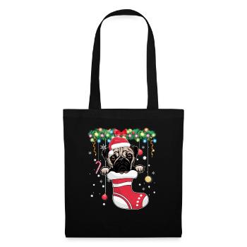 Funny Xmas - Süßer Mopshund im Weihnachtsstrumpf - Stoffbeutel - Schwarz - Vorne