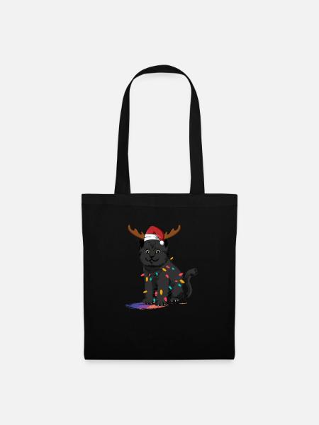 Rentier Schwarze Katze Weihnachtslichter Lustige - Stoffbeutel - Schwarz