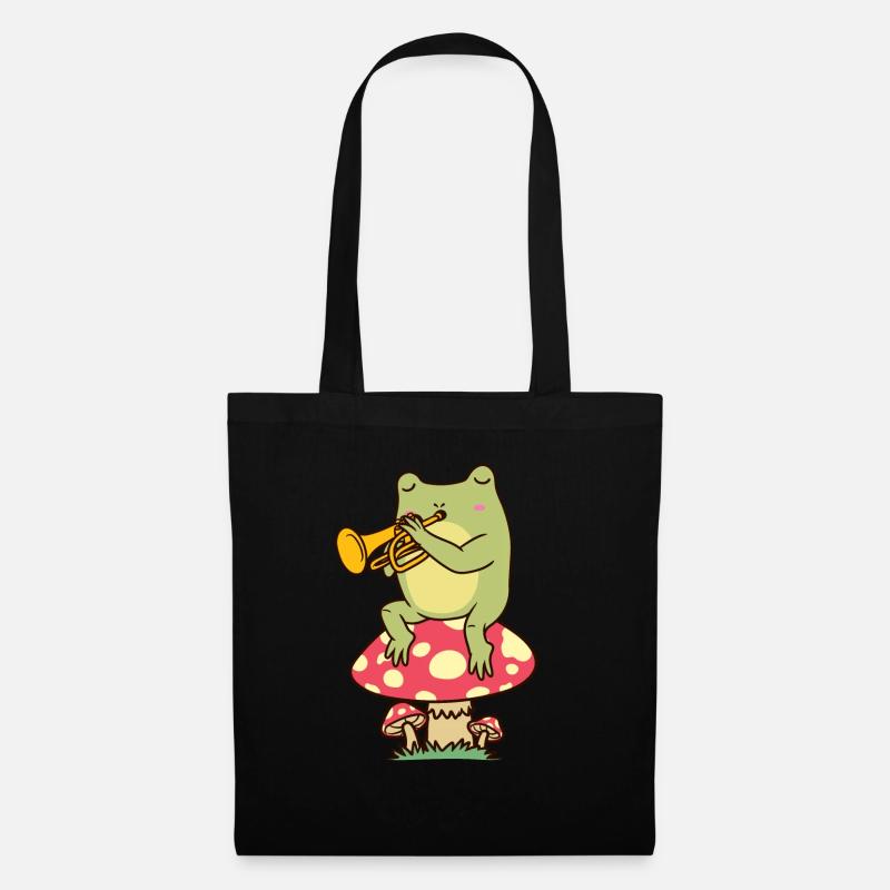 Frosch Auf Pilz Mit Trompete Trompeter - Stoffbeutel - Schwarz