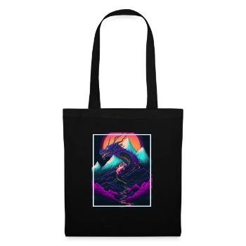 Drachen Japan Kirschblüte Berge Neon Retro Fabel - Stoffbeutel - Schwarz - Vorne