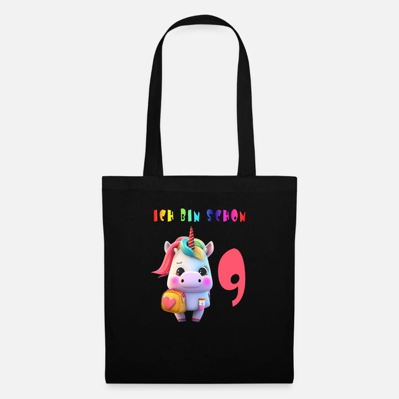 Ich bin schon 9 Süsses Einhorn mit Rucksack Motiv - Stoffbeutel - Schwarz