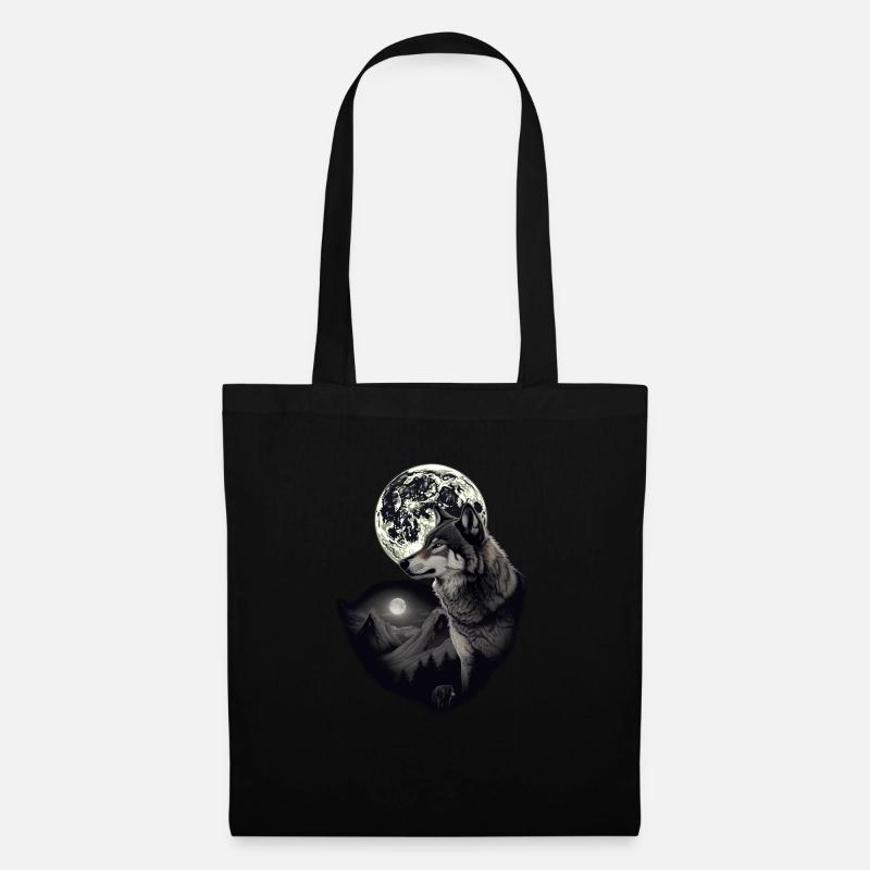 Wald mit Vollmond und grauem Wolf wildes Tier - Stoffbeutel - Schwarz