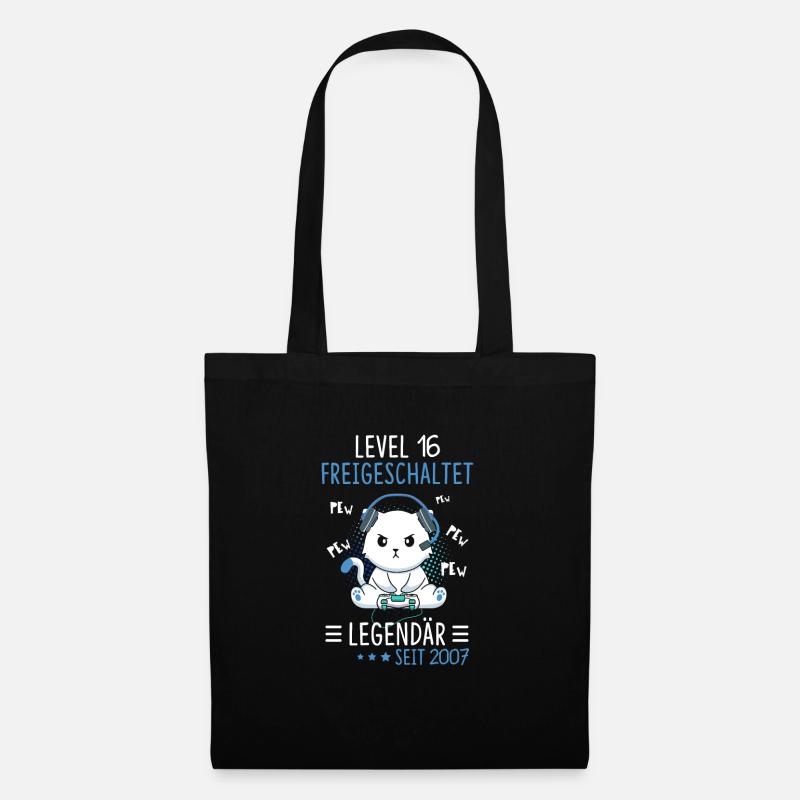 Level 16 Jahre Geburtstagsshirt Katze Gamer - Stoffbeutel - Schwarz