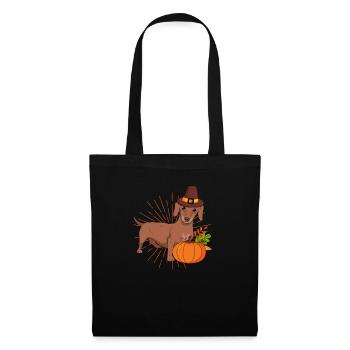 Pilgrim Dackel Kürbis Blätter Thanksgiving - Stoffbeutel - Schwarz - Vorne
