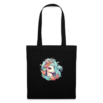 Comic Einhorn mit Blumen im Haar - Stoffbeutel - Schwarz - Vorne