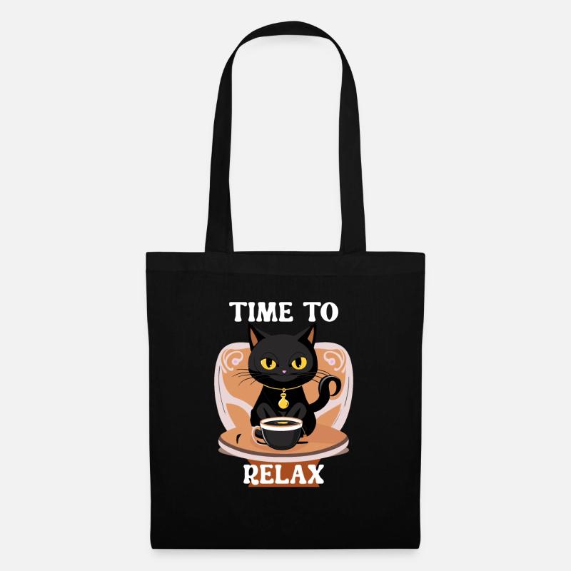 Entspannte Katze mit Teetasse - Stoffbeutel - Schwarz
