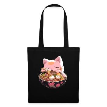 Anime Manga Kawaii Cat Eats Ramen Noodles - Tote Bag - black - Front