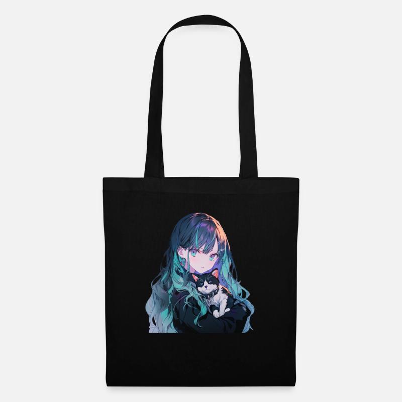 Anime and Cats Kawaii Mädchen Anime - Stoffbeutel - Schwarz