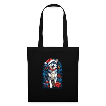 Lustiger Siberian Husky Mit Weihnachtsmannmütze - Stoffbeutel - Schwarz - Vorne