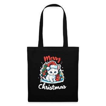 Weihnachtskatze - Frohe Weihnachten - Stoffbeutel - Schwarz - Vorne