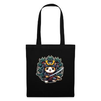 Samurai-Ninja-Katze und Monster dahinter - Stoffbeutel - Schwarz - Vorne