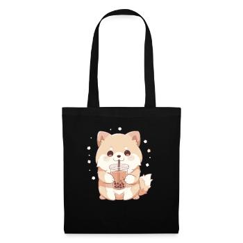 Kawaii Corgi Hund trinkt Boba Bubble Tea Chibi - Stoffbeutel - Schwarz - Vorne