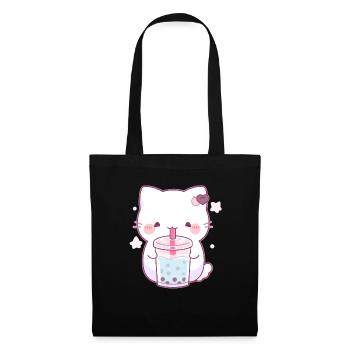 Kawaii Cat Drinks Boba Bubble Tea Chibi - Tote Bag - black - Front