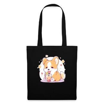 Kawaii Corgi Dog Drinks Boba Bubble Tea Chibi - Tote Bag - black - Front