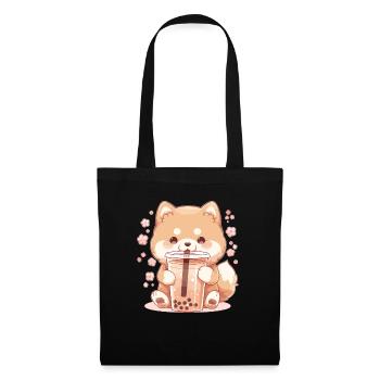 Kawaii Corgi Dog Drinks Boba Bubble Tea Chibi - Tote Bag - black - Front