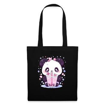 Kawaii Panda trinkt Boba Bubble Tea Chibi - Stoffbeutel - Schwarz - Vorne