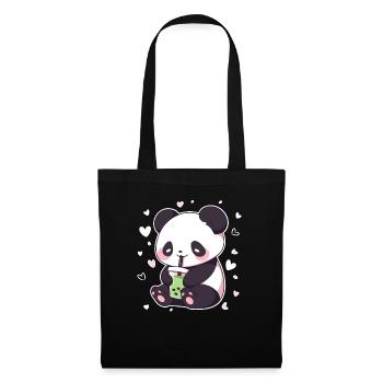 Kawaii Panda trinkt Boba Bubble Tea Chibi - Stoffbeutel - Schwarz - Vorne