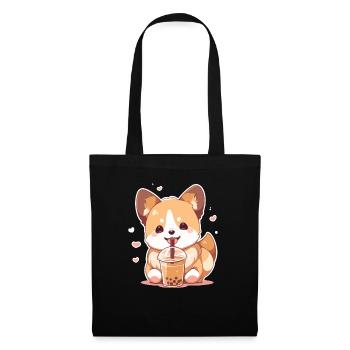 Kawaii Corgi Dog Drinks Boba Bubble Tea Chibi - Tote Bag - black - Front