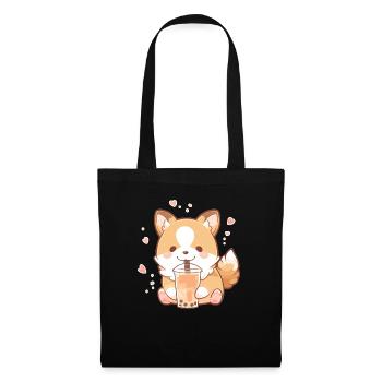 Kawaii Corgi Dog Drinks Boba Bubble Tea Chibi - Tote Bag - black - Front