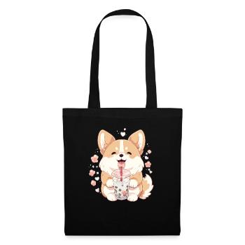 Kawaii Corgi Dog Drinks Boba Bubble Tea Chibi - Tote Bag - black - Front