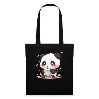 Kawaii Panda trinkt Boba Bubble Tea Chibi - Stoffbeutel - Schwarz - Vorne