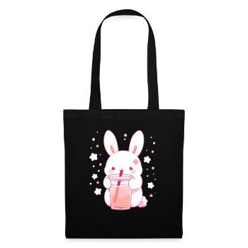 Kawaii Hase trinkt Boba Bubble Tea Chibi - Stoffbeutel - Schwarz - Vorne