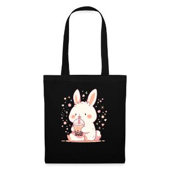 Kawaii Hase trinkt Boba Bubble Tea Chibi - Stoffbeutel - Schwarz - Vorne