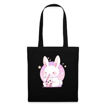 Kawaii Hase trinkt Boba Bubble Tea Chibi - Stoffbeutel - Schwarz - Vorne