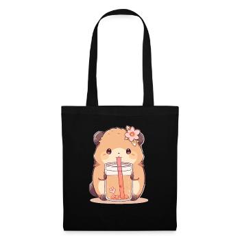 Kawaii Hamster trinkt Boba Bubble Tea Chibi - Stoffbeutel - Schwarz - Vorne