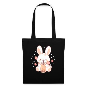 Kawaii Hase trinkt Boba Bubble Tea Chibi - Stoffbeutel - Schwarz - Vorne