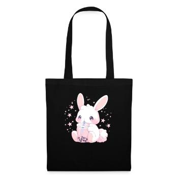 Kawaii Hase trinkt Boba Bubble Tea Chibi - Stoffbeutel - Schwarz - Vorne