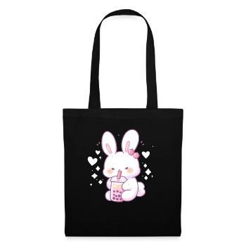 Kawaii Hase trinkt Boba Bubble Tea Chibi - Stoffbeutel - Schwarz - Vorne