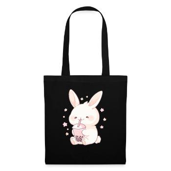 Kawaii Hase trinkt Boba Bubble Tea Chibi - Stoffbeutel - Schwarz - Vorne