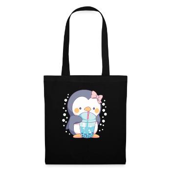 Kawaii Penguin Drinks Boba Bubble Tea Chibi - Tote Bag - black - Front