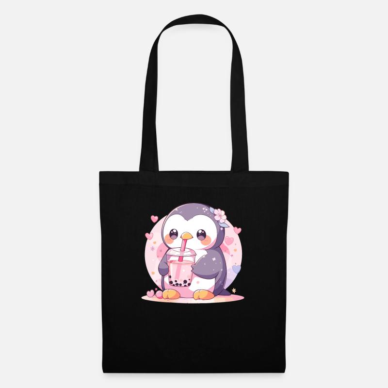 Kawaii Pinguin trinkt Boba Bubble Tea Chibi - Stoffbeutel - Schwarz