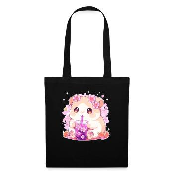 Kawaii Hamster trinkt Boba Bubble Tea Chibi - Stoffbeutel - Schwarz - Vorne
