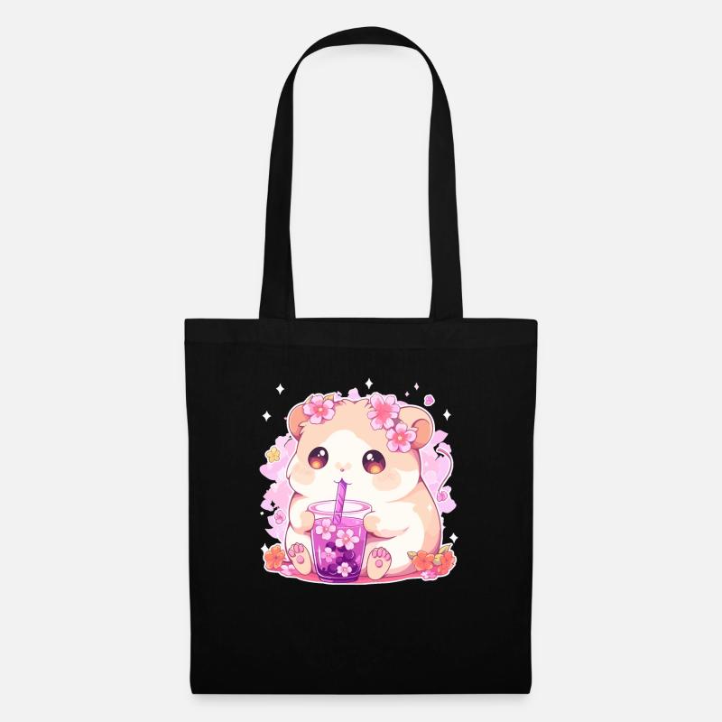 Kawaii Hamster trinkt Boba Bubble Tea Chibi - Stoffbeutel - Schwarz