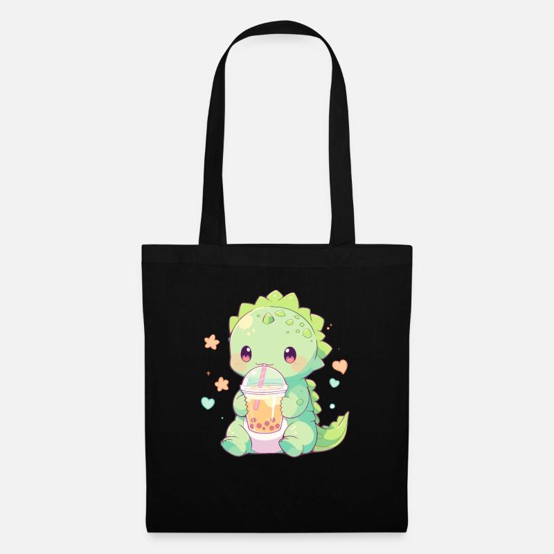 Kawaii Dinosaurier trinkt Boba Bubble Tea Chibi - Stoffbeutel - Schwarz