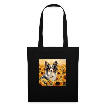 Niedlicher Papillon-Hund, der sich im Sonnenblumenfeld versteckt - Stoffbeutel - Schwarz - Vorne