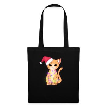 Niedliche orangefarbene Katze mit Weihnachtslichtern, Weihnachtsmütze - Stoffbeutel - Schwarz - Vorne