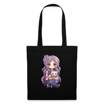 Kawaii Girl Anime Manga Fille et chat - Sac en tissu - noir - Devant