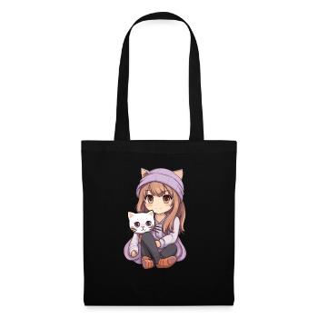 Kawaii Girl Anime Manga Fille et chat - Sac en tissu - noir - Devant