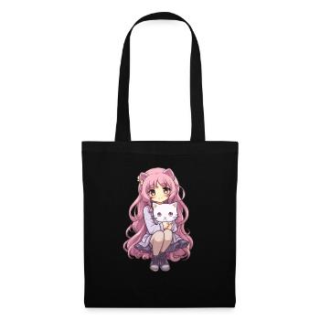 Kawaii Girl Anime Manga Fille et chat - Sac en tissu - noir - Devant