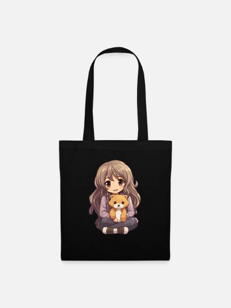 Kawaii Mädchen Anime Manga Mädchen und Hund - Stoffbeutel - Schwarz