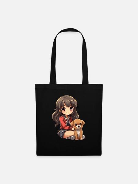 Kawaii Mädchen Anime Manga Mädchen und Hund - Stoffbeutel - Schwarz