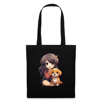 Kawaii Girl Anime Manga Fille et Chien - Sac en tissu - noir - Devant